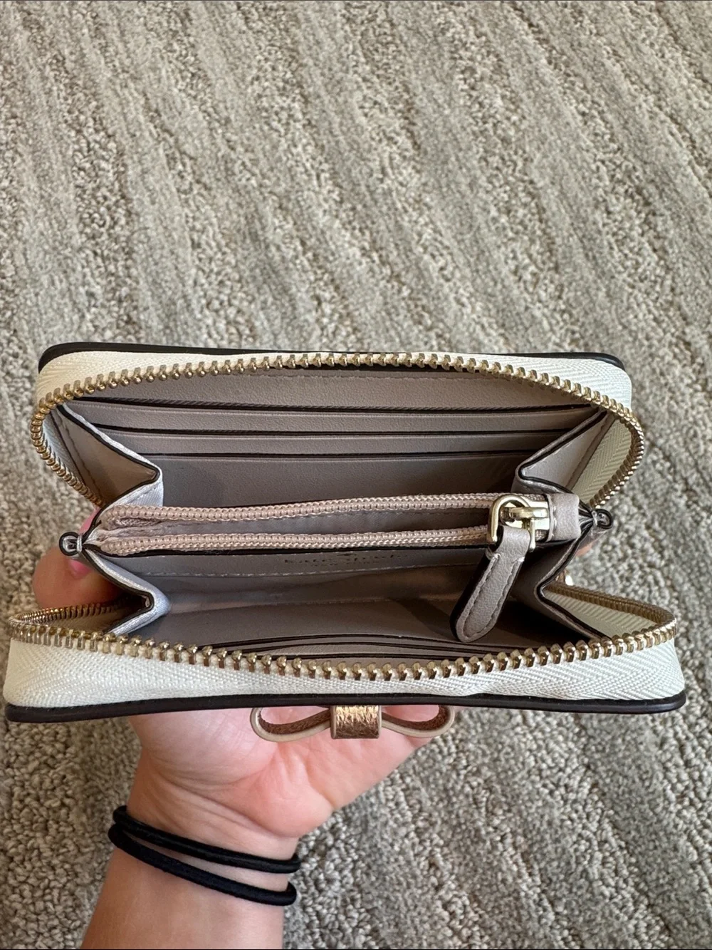 kate spade White Wallet with Rose Gold Glitter Polka Dots and Metallic Bow